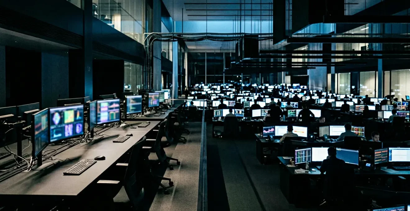 Professional trader analyzing data patterns on multiple screens with automated trading systems