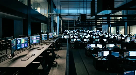 Professional trader analyzing data patterns on multiple screens with automated trading systems