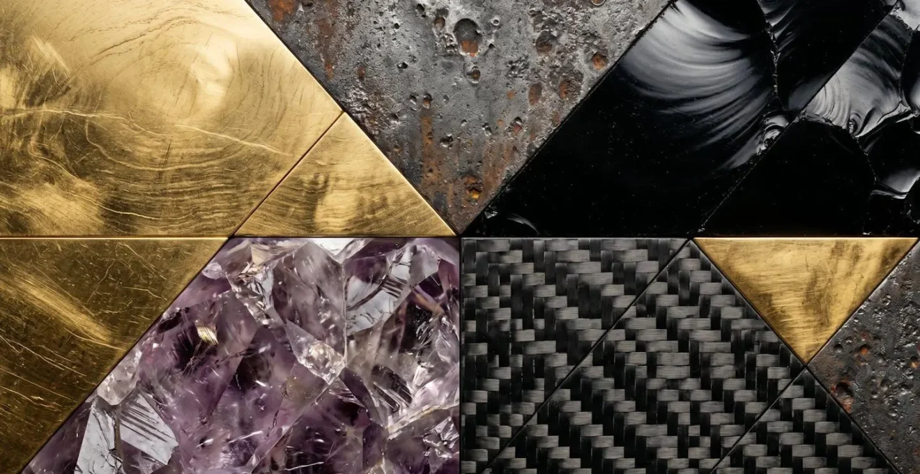 Macro close-up of diverse precious metals and commodity textures arranged in geometric pattern