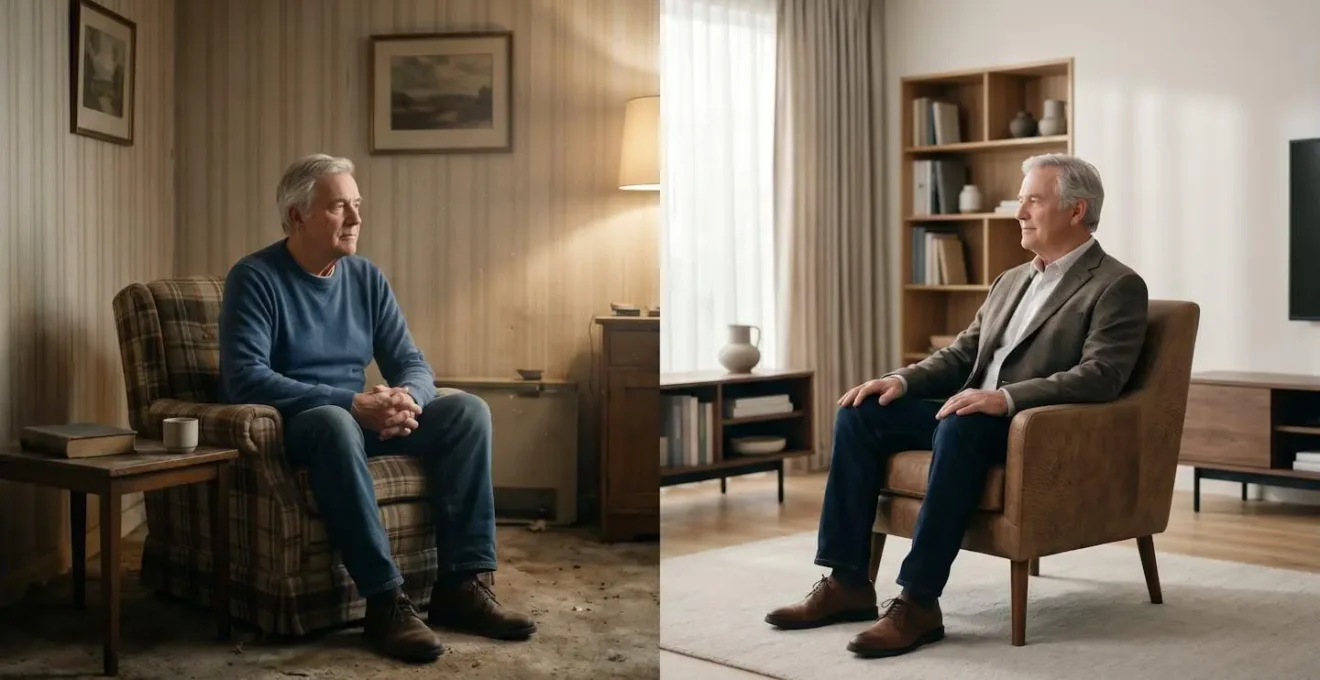 Split composition showing contrasting retirement lifestyle outcomes of being comfortable versus being modest.