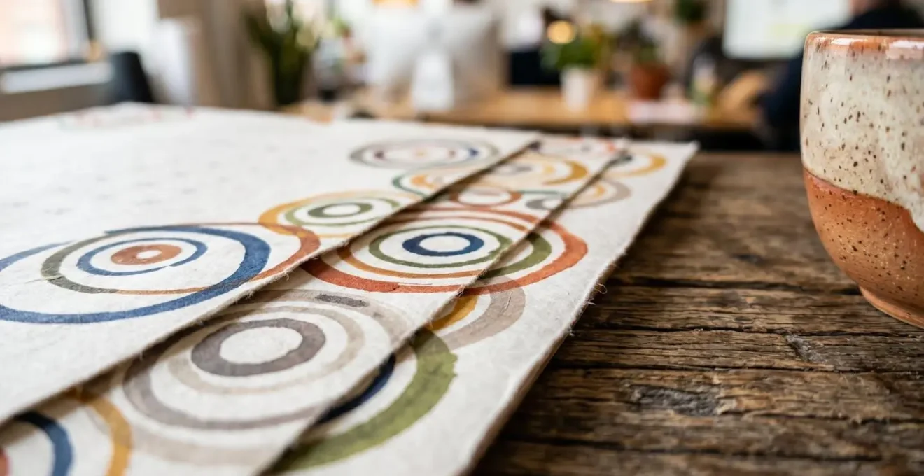 Close-up of calendar pages with abstract circular marks and coffee cup on wooden desk