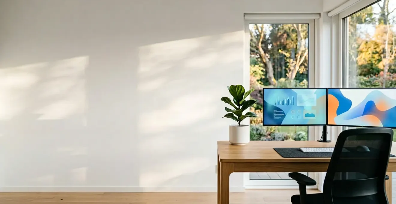 Peaceful home office workspace with automated investment monitoring screens and minimalist decor