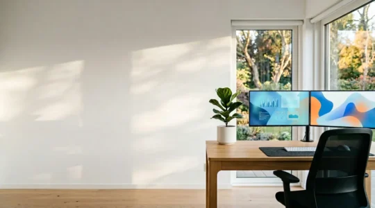 Peaceful home office workspace with automated investment monitoring screens and minimalist decor