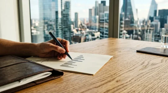 Professional investor reviewing balanced multi-asset portfolio strategy with modern financial security focus
