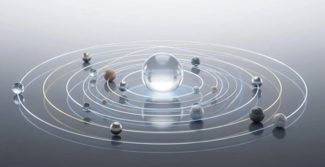 Abstract visualization of core-satellite investment strategy with central globe and orbiting regional elements