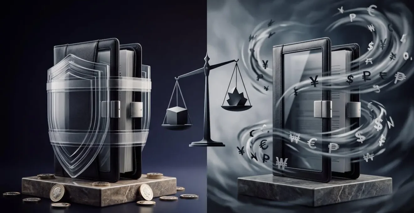 Split-screen comparison of hedged versus unhedged portfolio performance with abstract charts