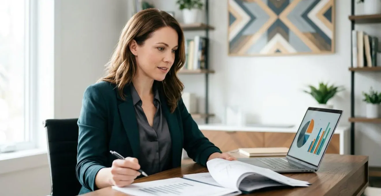 Professional individual reviewing financial documents in modern home office setting with multiple screens showing positive growth charts