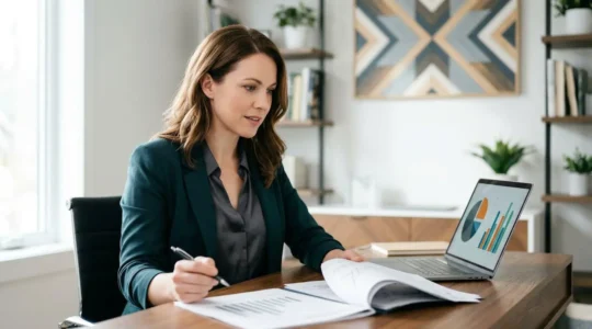 Professional individual reviewing financial documents in modern home office setting with multiple screens showing positive growth charts