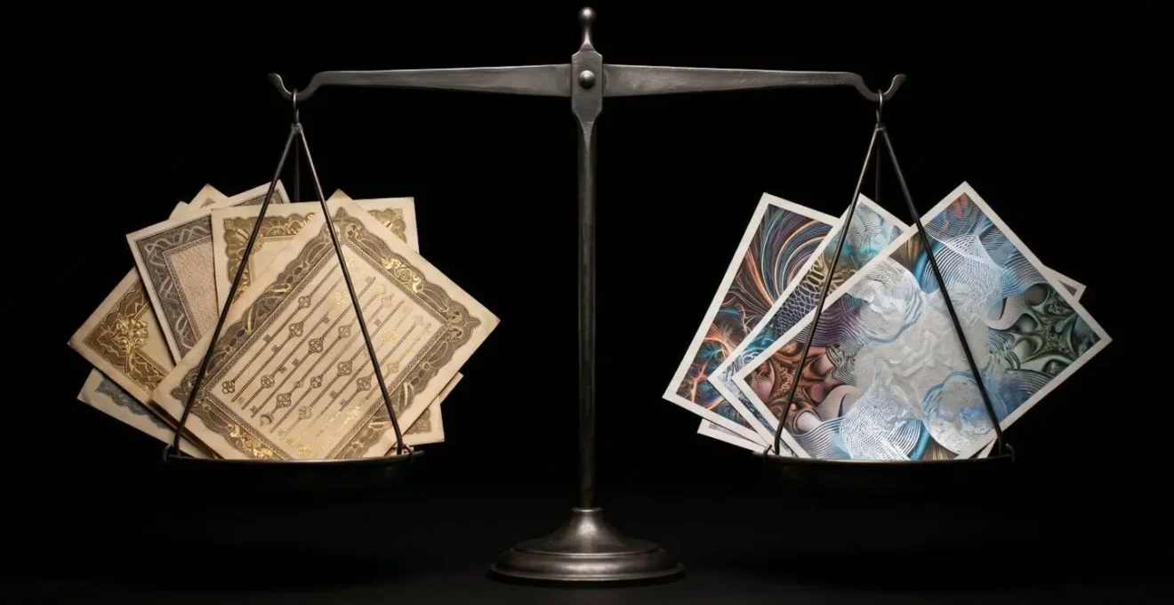 Split-screen comparison of gilt certificates and FTSE stock certificates in dramatic lighting