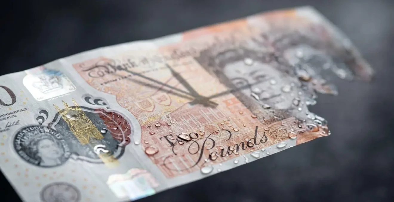 Macro photograph showing British pound notes gradually fading to illustrate purchasing power erosion