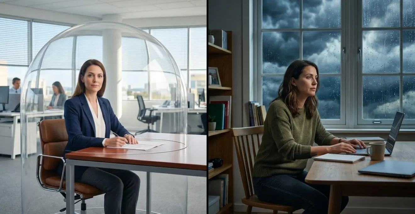 Split scene showing an employed person under a protective glass dome in an office versus an unprotected freelancer exposed to storm clouds at home.