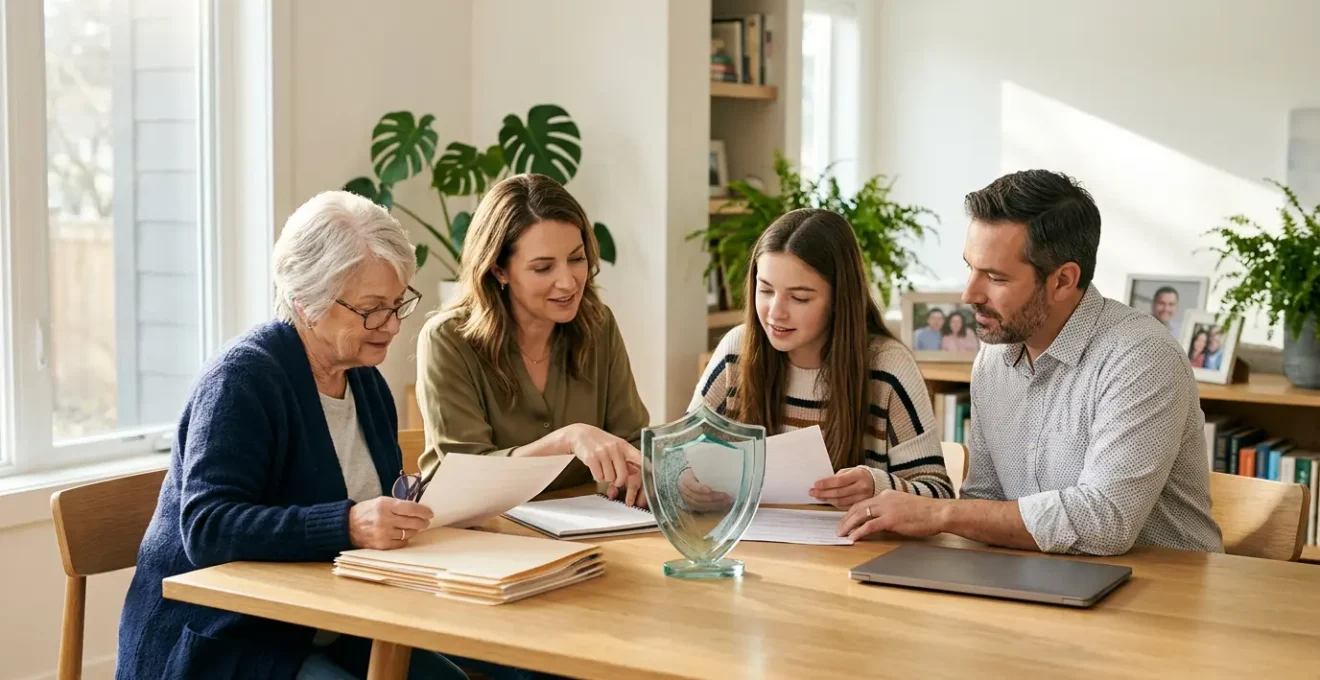 Professional family reviewing financial documents together in bright modern home office with safety shield symbolism