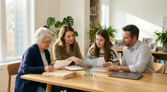 Professional family reviewing financial documents together in bright modern home office with safety shield symbolism
