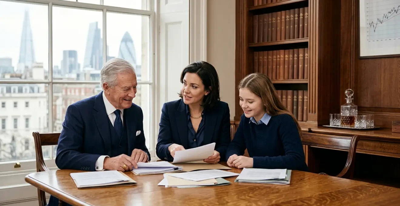 UK family wealth planning scene with generations and financial documents