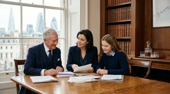 UK family wealth planning scene with generations and financial documents