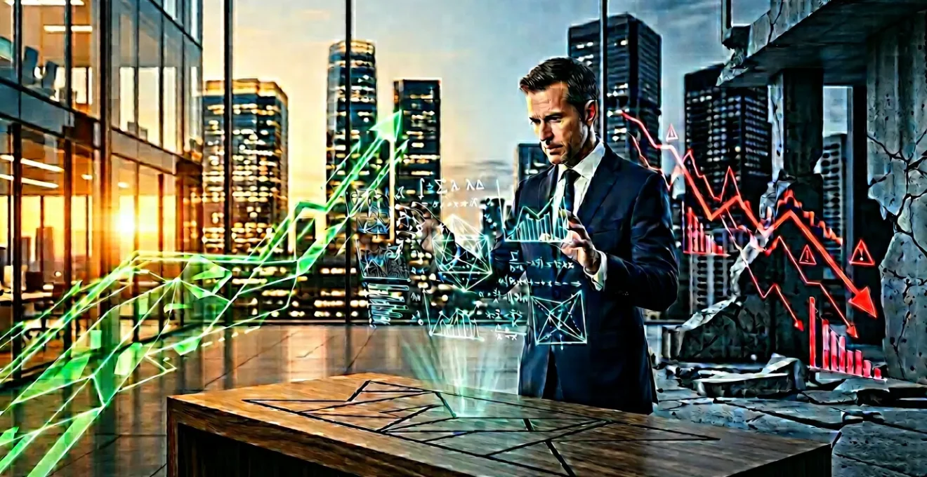 Professional analyst reviewing financial documents with warning indicators showing declining cash flow patterns against corporate skyline