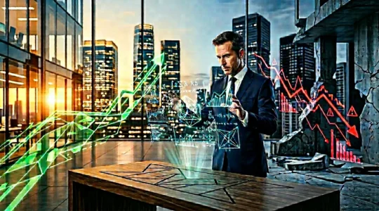 Professional analyst reviewing financial documents with warning indicators showing declining cash flow patterns against corporate skyline