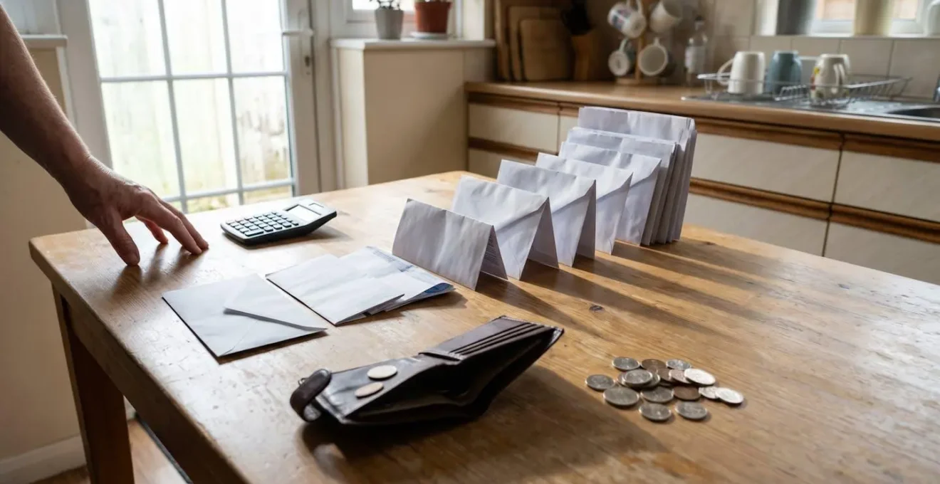 A kitchen table with a small pile of coins and an empty wallet next to a growing stack of bills, symbolizing the pressure of a shrinking household budget.