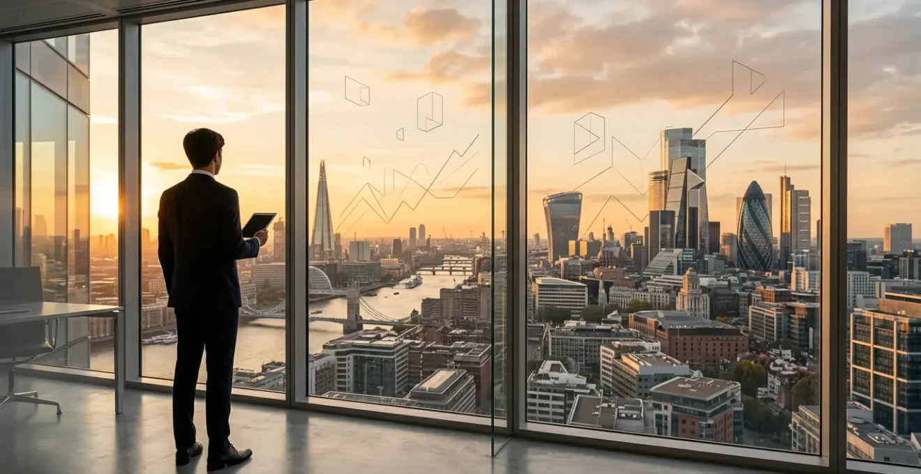Business professional analyzing financial data with architectural cityscape in background