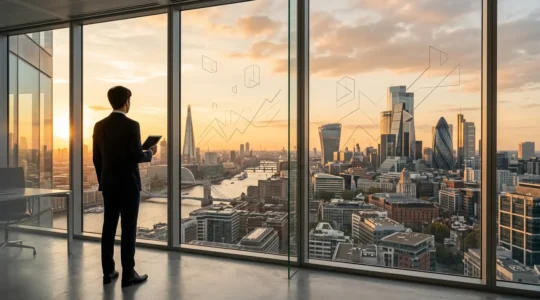 Business professional analyzing financial data with architectural cityscape in background