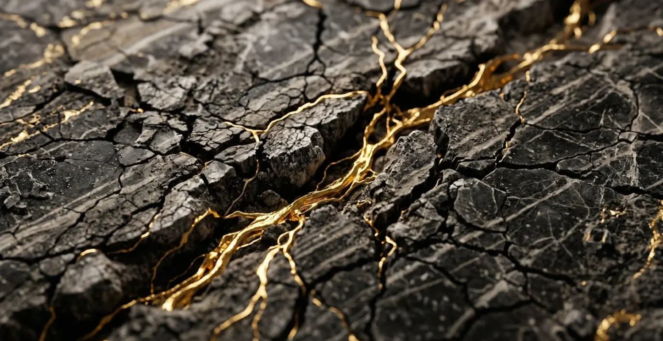 Macro shot of a cracking marble foundation, with gold veins representing dividends being extracted as the structure deteriorates.