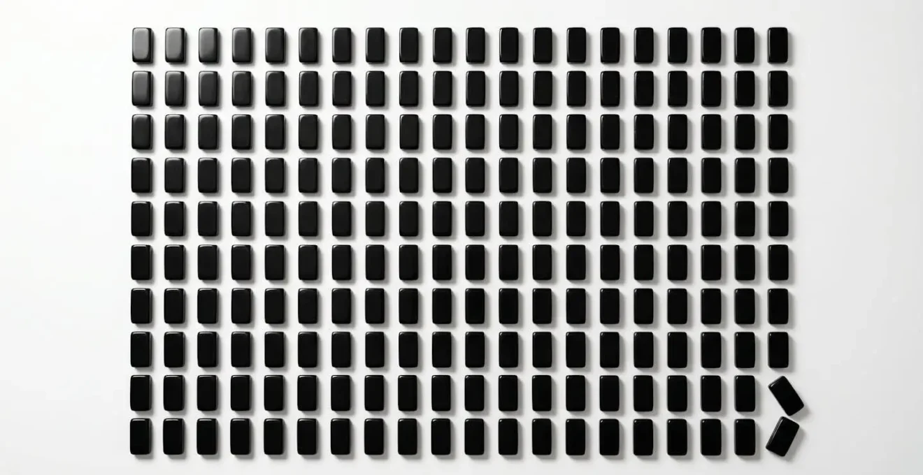 Visual representation of correlation risk in UK equity markets where many dominoes are arranged in a grid, implying that the fall of one will trigger a cascade.