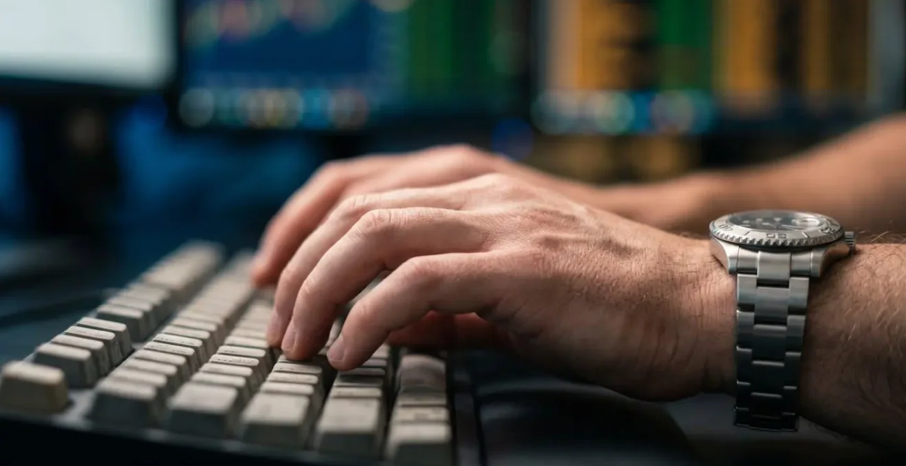 Close-up of hands working with financial data visualization tools