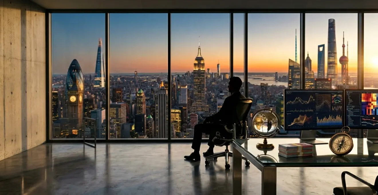 Professional investor analyzing multiple international market screens in modern office with city skyline view