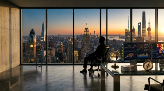 Professional investor analyzing multiple international market screens in modern office with city skyline view