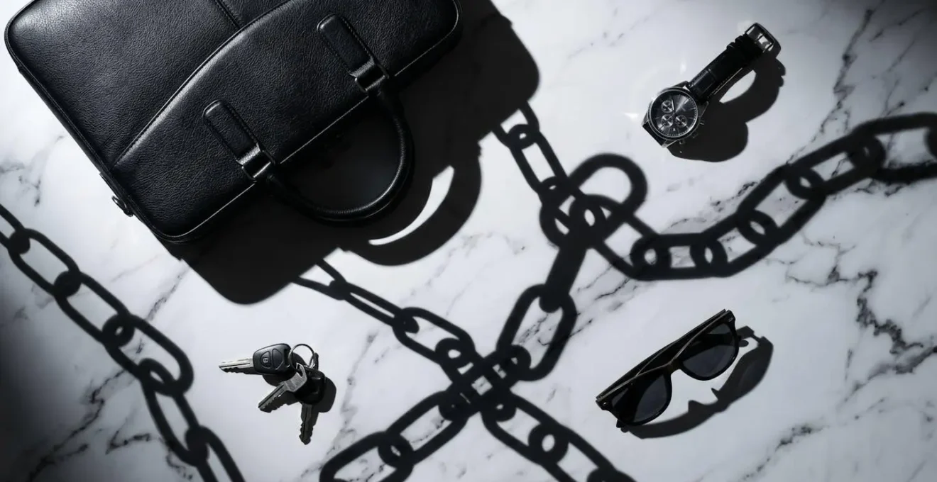 Abstract composition showing luxury items casting shadow chains on professional attire