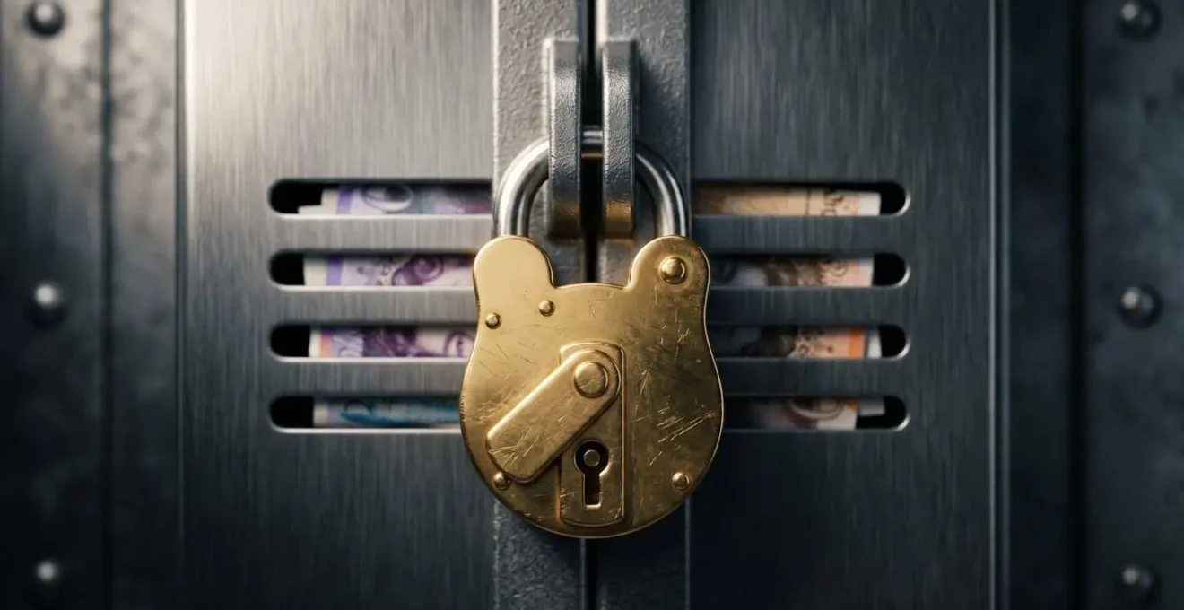 Close-up of golden padlock on bank vault with British pounds visible through gaps