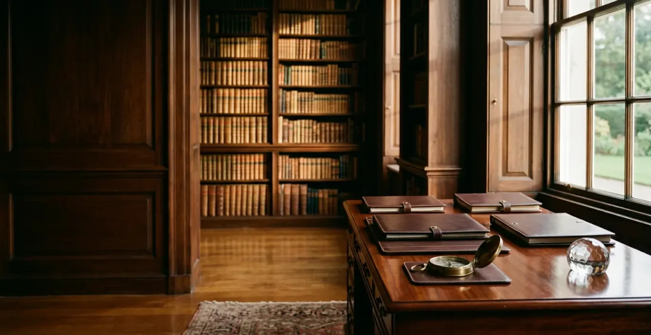Professional editorial photograph showing a high-net-worth individual's home office with antique mahogany desk featuring closed leather-bound documents and a vintage brass compass, symbolizing navigation through legal complexities