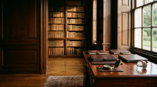 Professional editorial photograph showing a high-net-worth individual's home office with antique mahogany desk featuring closed leather-bound documents and a vintage brass compass, symbolizing navigation through legal complexities