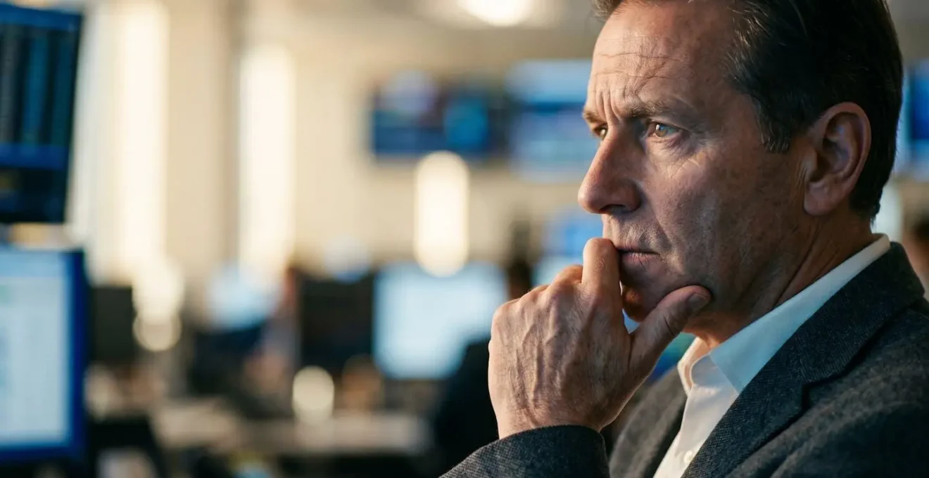 Professional trader in contemplative pose analyzing economic indicators in a trading room