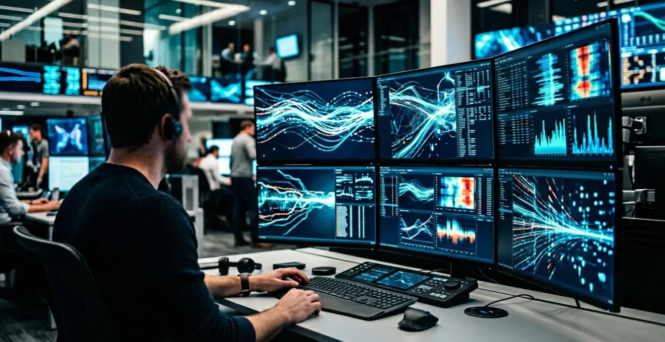 Professional trading floor with multiple monitor screens displaying complex market data and algorithmic patterns in real-time