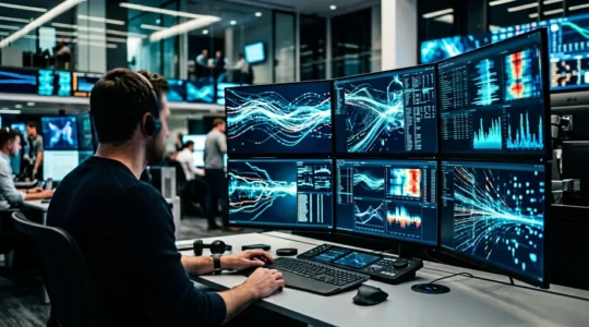 Professional trading floor with multiple monitor screens displaying complex market data and algorithmic patterns in real-time
