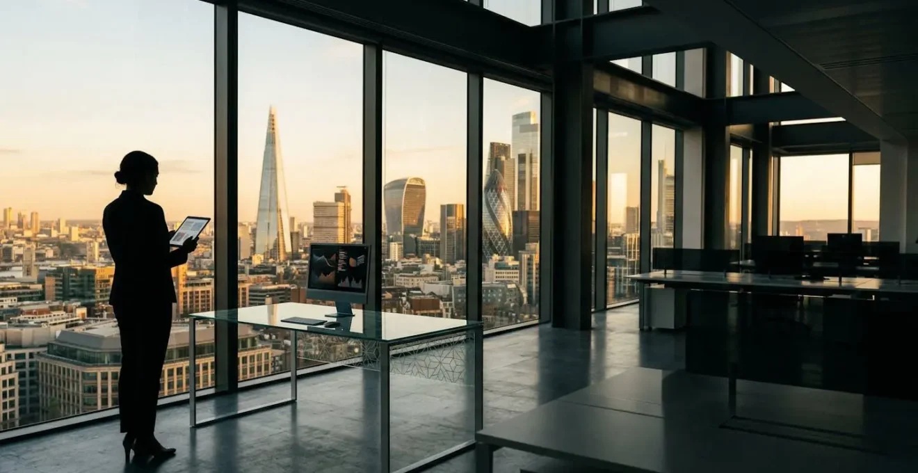 Professional investor analyzing UK growth equity performance data on multiple screens in a modern London trading office