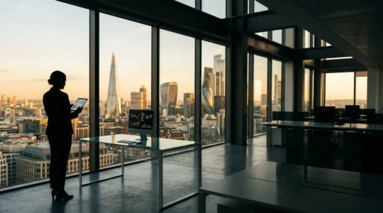 Professional investor analyzing UK growth equity performance data on multiple screens in a modern London trading office
