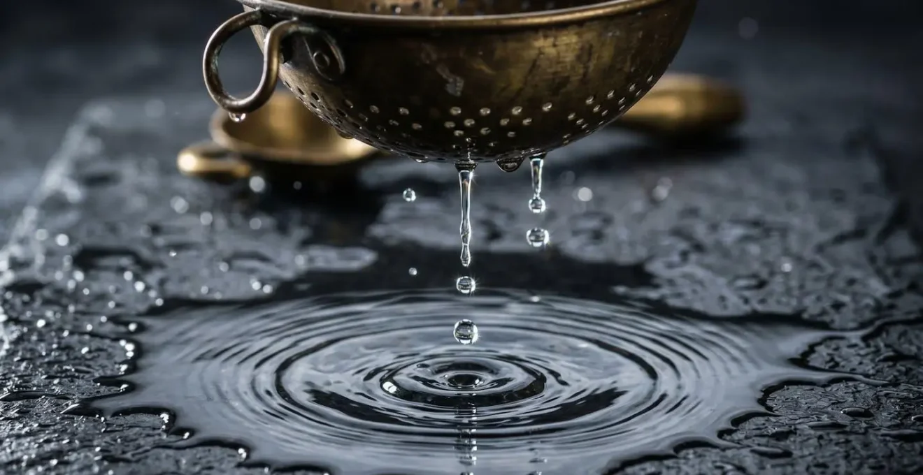 Macro shot of water droplets falling through vintage brass colander creating ripples below