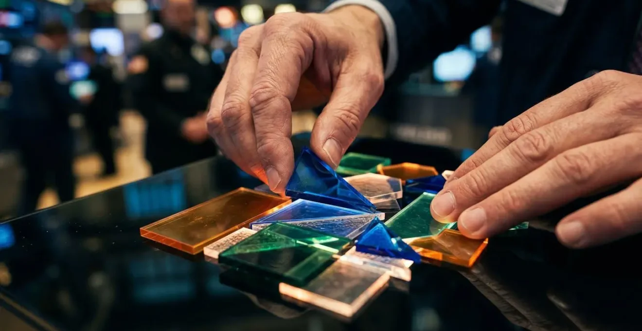 Close-up of trader's hands positioning multiple order tickets on a strategic board with abstract market patterns