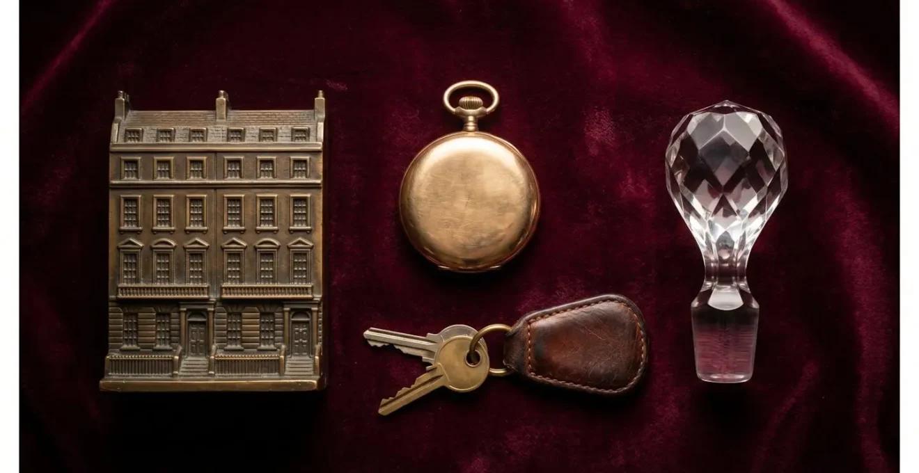 Artistic arrangement of high-value collectibles including vintage watch, classic car keys, and architectural miniature on dark velvet