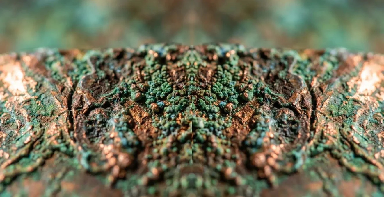 Extreme close-up of copper metal surface showing oxidation patterns and texture details