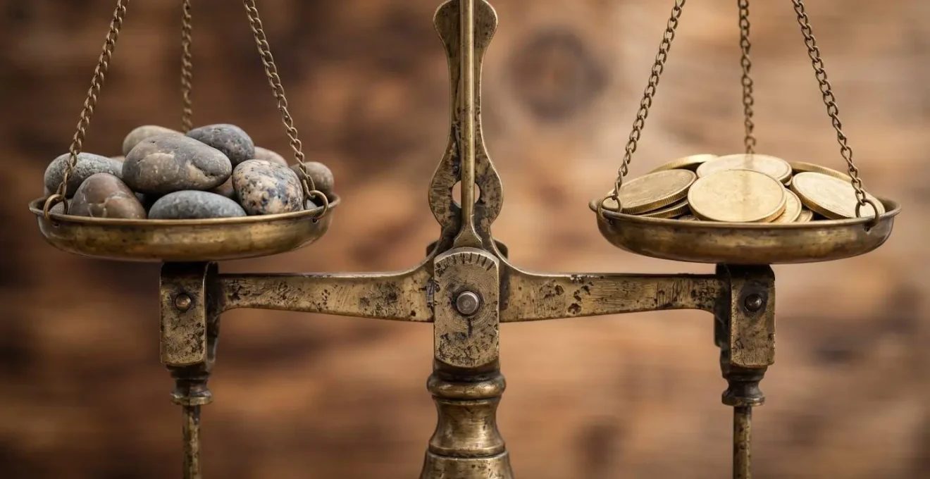 Macro shot of antique balance scales with stones and coins, representing the financial break-even calculation for a mortgage.