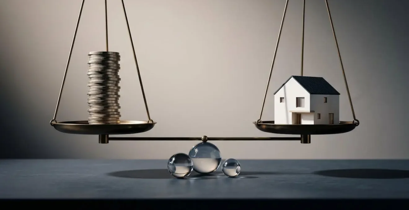 A balanced scale showing a house model on one side and a stack of coins on the other, symbolizing how savings offset mortgage debt.
