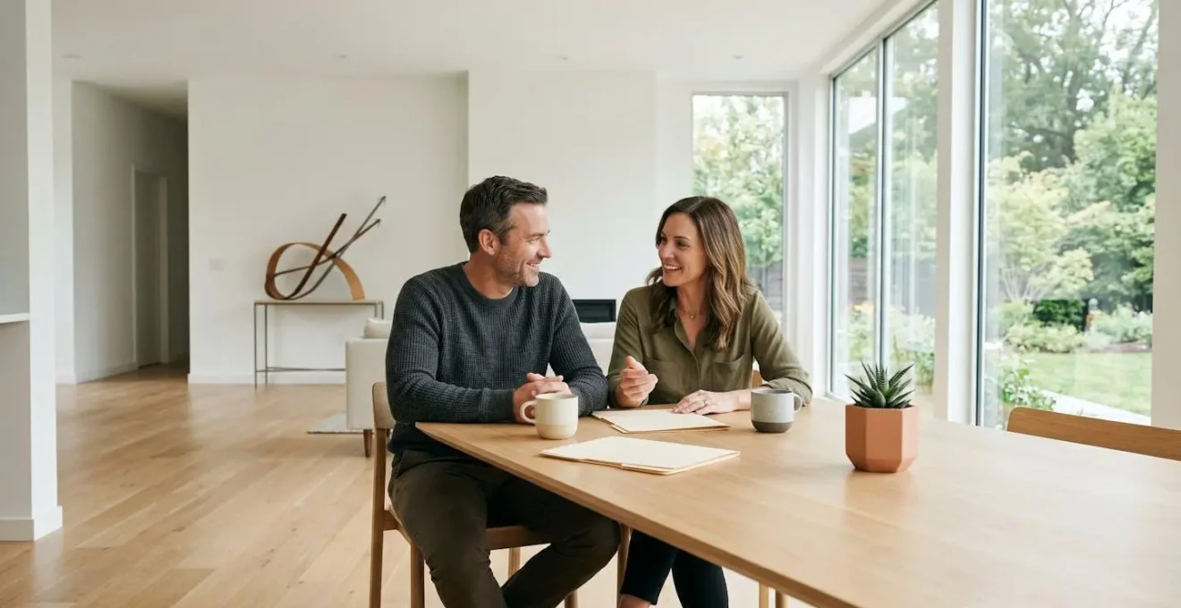 Wide angle view of a professional couple reviewing retirement plans together in their minimalist home with growth charts subtly visible in background