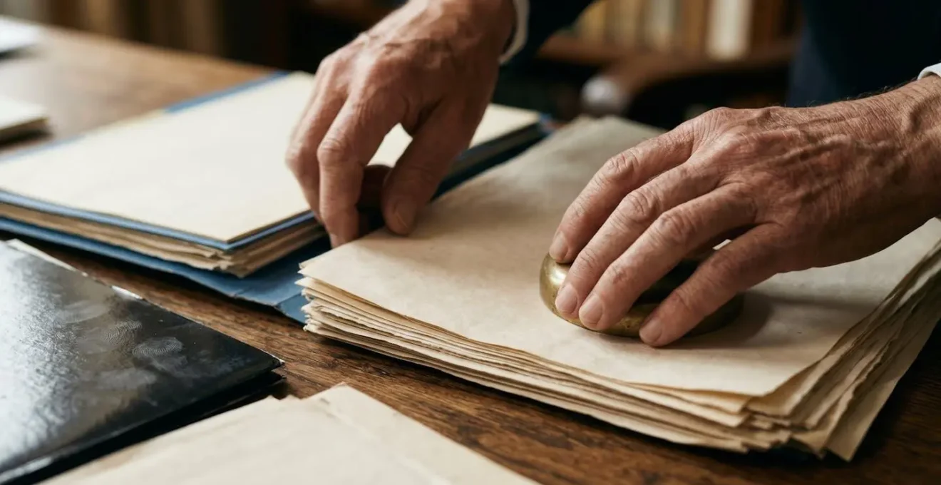 Hands sorting through various pension documents on a wooden desk with careful organization system visible