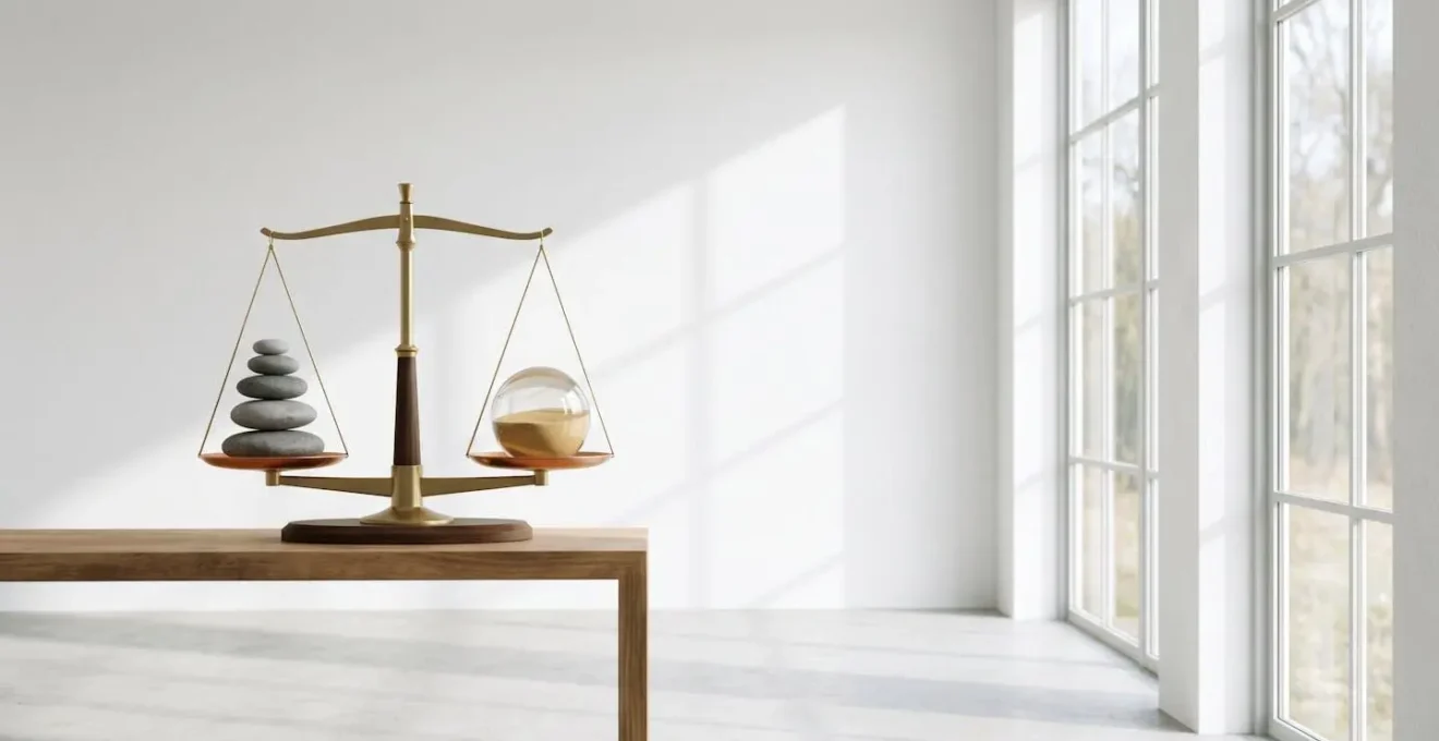 Minimalist wide-angle photograph of balanced scales with abstract representations of growth and stability