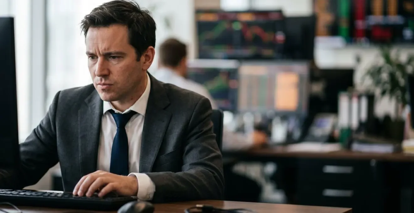 Financial analyst reviewing multiple monitor setup showing abstract market scenarios