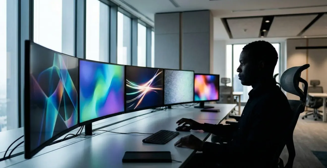Professional trader analyzing multiple computer screens displaying financial charts and indicators in modern trading office