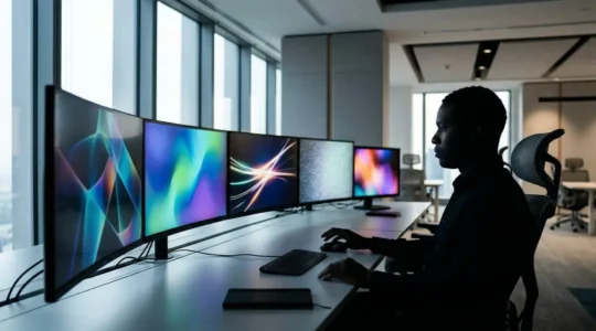 Professional trader analyzing multiple computer screens displaying financial charts and indicators in modern trading office